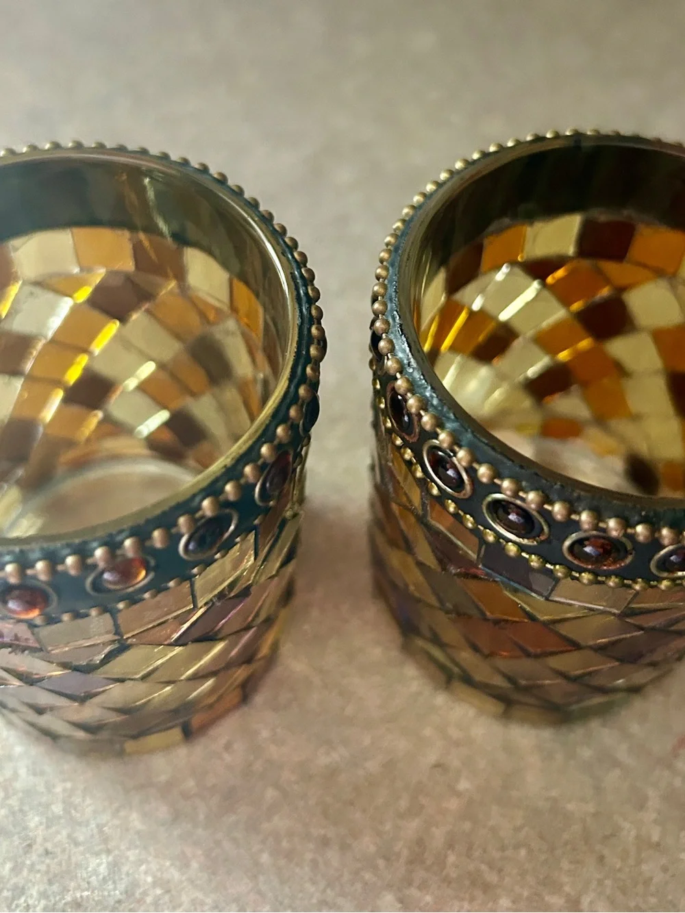Iridescent Amber Mosaic Votive Holders - Set of 2